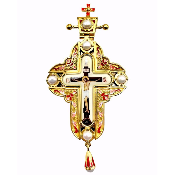 Pectoral cross for a priest made of gold-plated brass with pearls