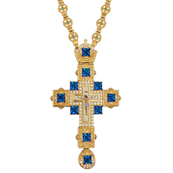 Cross for a clergyman made of gilded brass with cubic zirconia and a chain