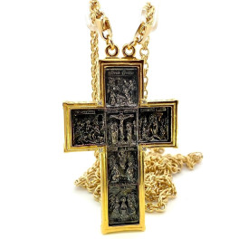 Brass pectoral cross with fragmentary gilding and chain