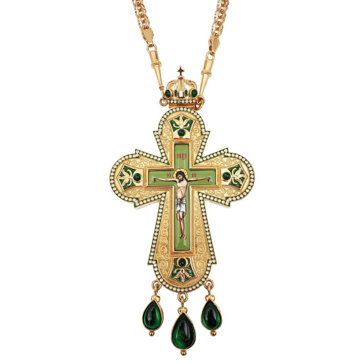 Cross for priest made of brass in gilt with enamel and chain