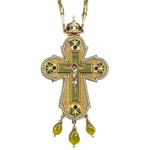Cross for priest made of brass in gilt with enamel and chain