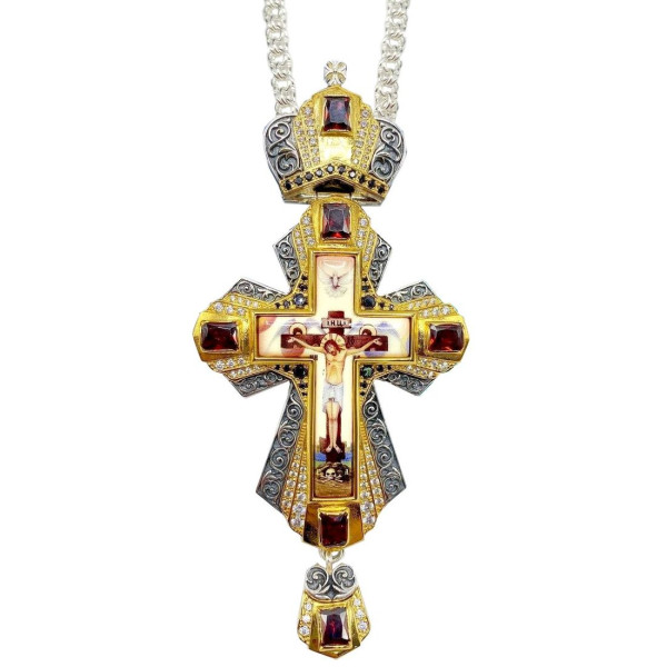 Brass cross with fragmentary gilding, decal and chain