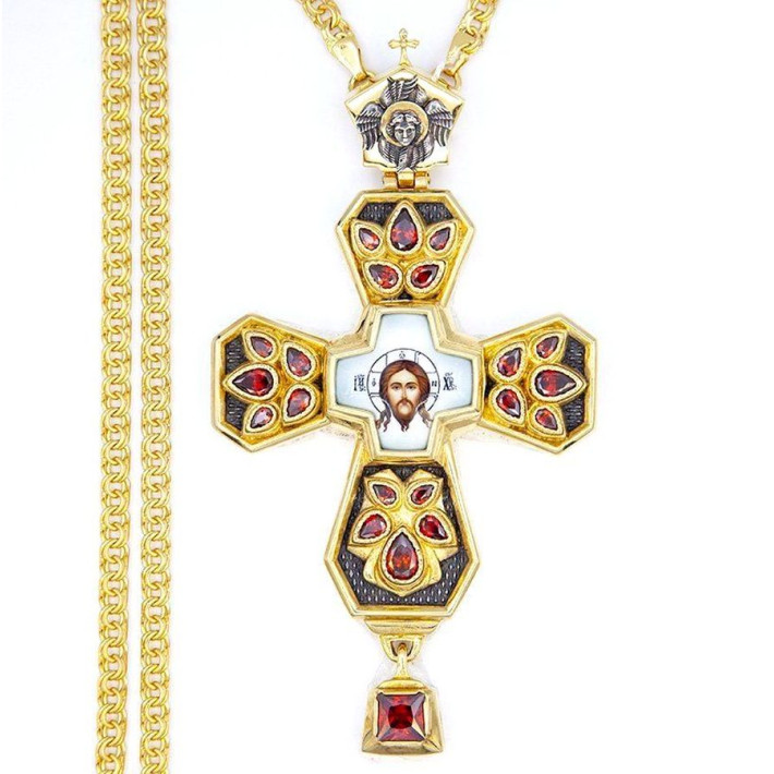 Cross of brass in gilt with silver plating with niello and chain