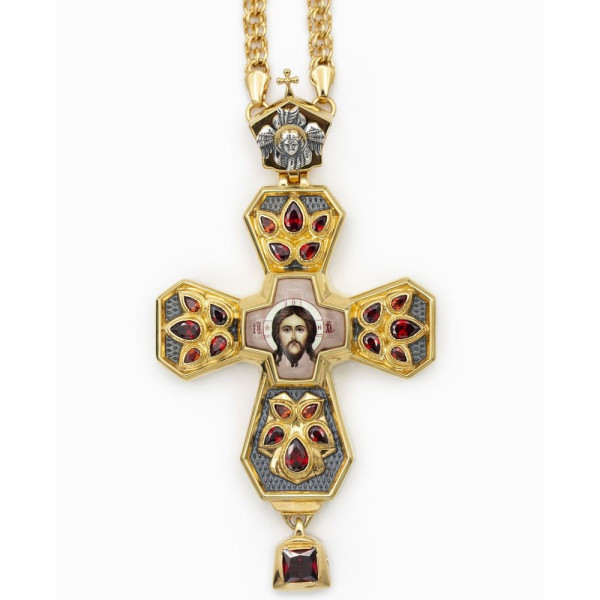 Cross of brass in gilt with silver plating with niello and chain
