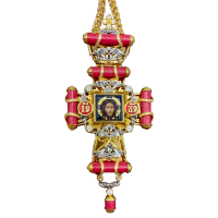 Brass pectoral cross with fragmentary gilding, stones and chain 