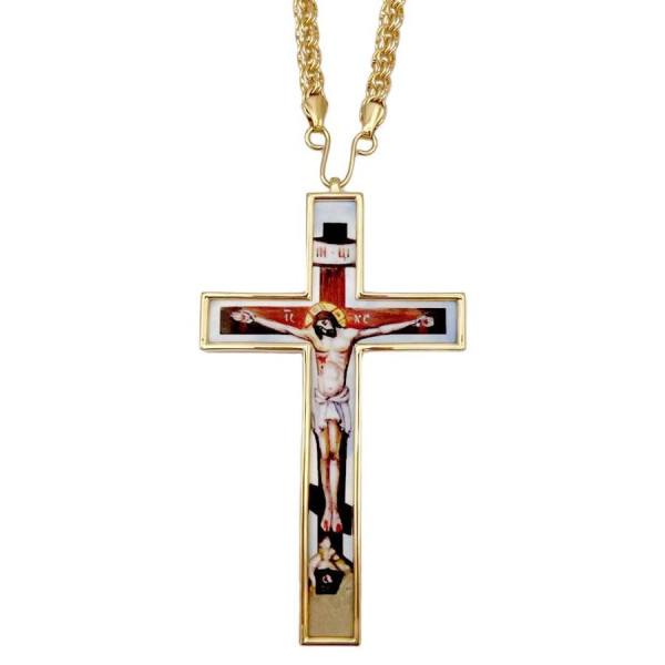 Brass pectoral cross  for the priest in gilding with decal and chain