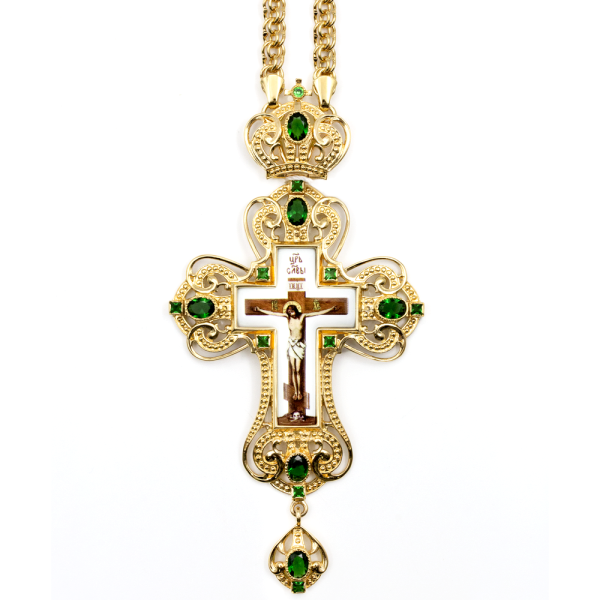 Orthodox pectoral cross made of brass gilded with decal and chain