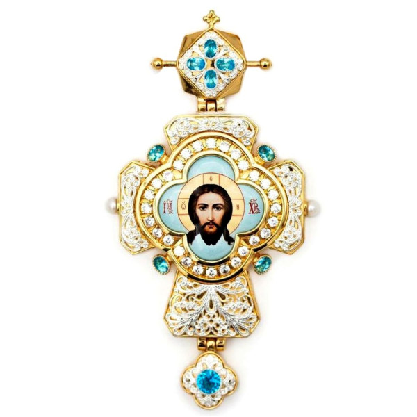 Cross for priest made of brass in gilt with silver plating and phianites