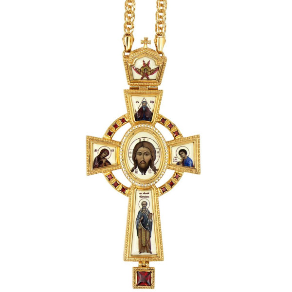 Cross for priest made of brass in gilt with stones and chain