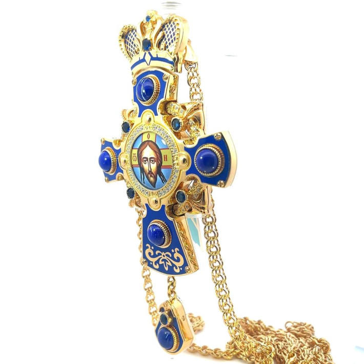 Orthodox brass pectoral cross in gilt with stones with enamel and chain