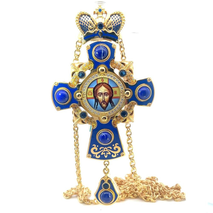 Orthodox brass pectoral cross in gilt with stones with enamel and chain