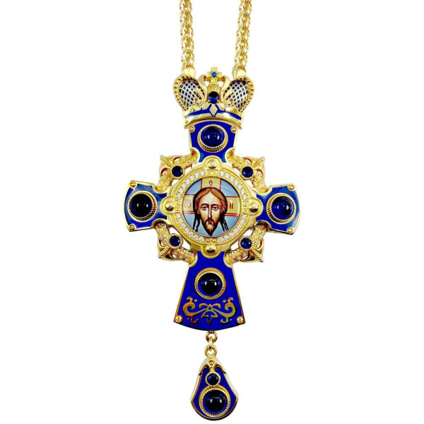 Orthodox brass pectoral cross in gilt with stones with enamel and chain
