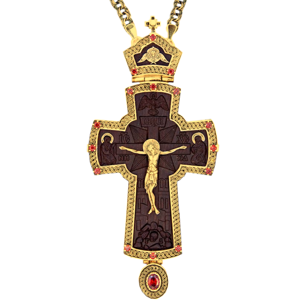 Cross for priest in gilded brass with ebony image and chain. Cross for priest in gilded brass with ebony image and chain.