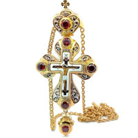 Brass pectoral cross in gilt with print and chain