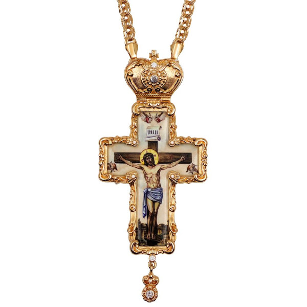 Brass Orthodox cross in gilt with print and chain