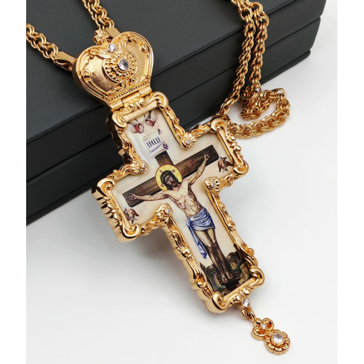 Brass Orthodox cross in gilt with print and chain