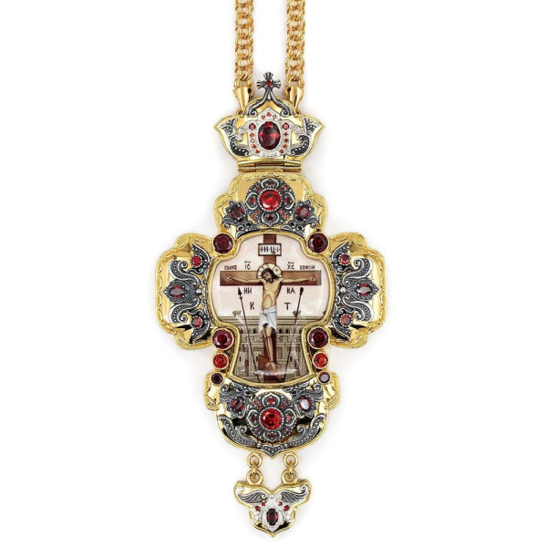 Mosazný pozlacený kříž s potiskem a řetěz Mosazný pozlacený kříž s potiskem a řetěz