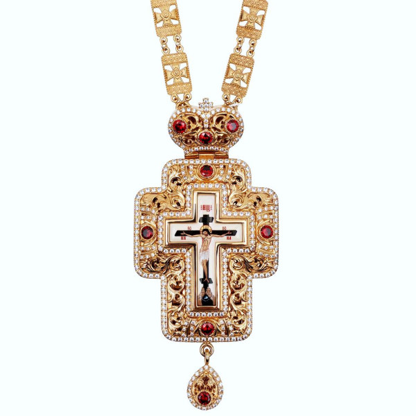 Kříž pro kněze z pozlacené mosazi s ozdobami a řetízkem