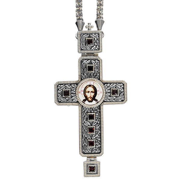 Cross for a priest made of brass in silver plated with niello and chain