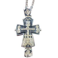 Brass cross in silver plated with niello and chain