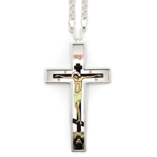 Brass pectoral cross in silver plated with chain