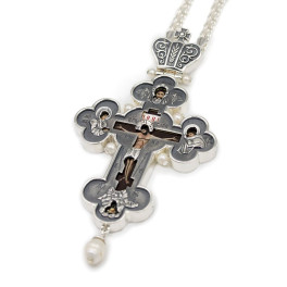 Cross for priest made of brass in silver plated with niello and chain