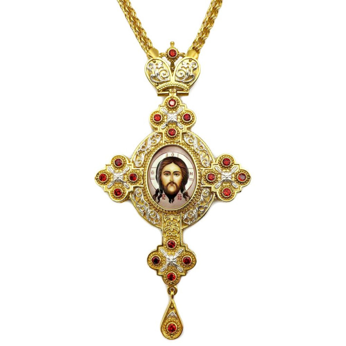 Brass Orthodox pectoral cross with gilding, decal with chain