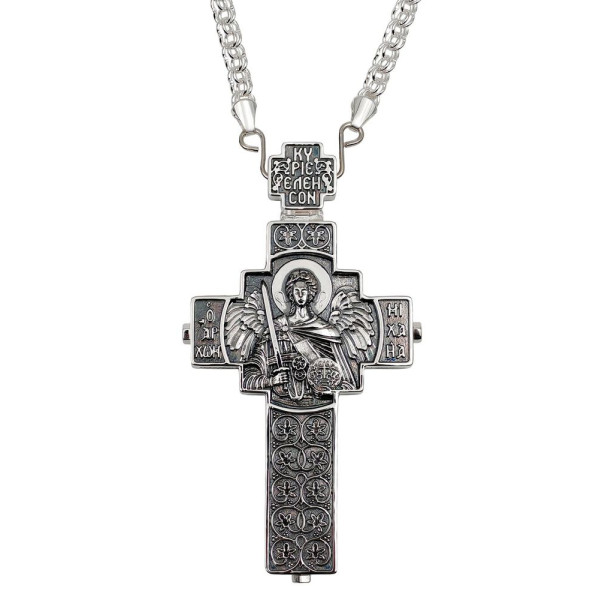 Brass pectoral cross in silver plated with chain