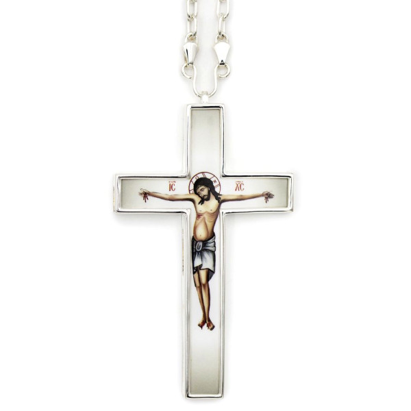 Pectoral cross made of brass in silver with chain