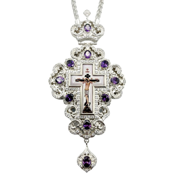 Pectoral Cross for Priest made of brass in silver plating with chain