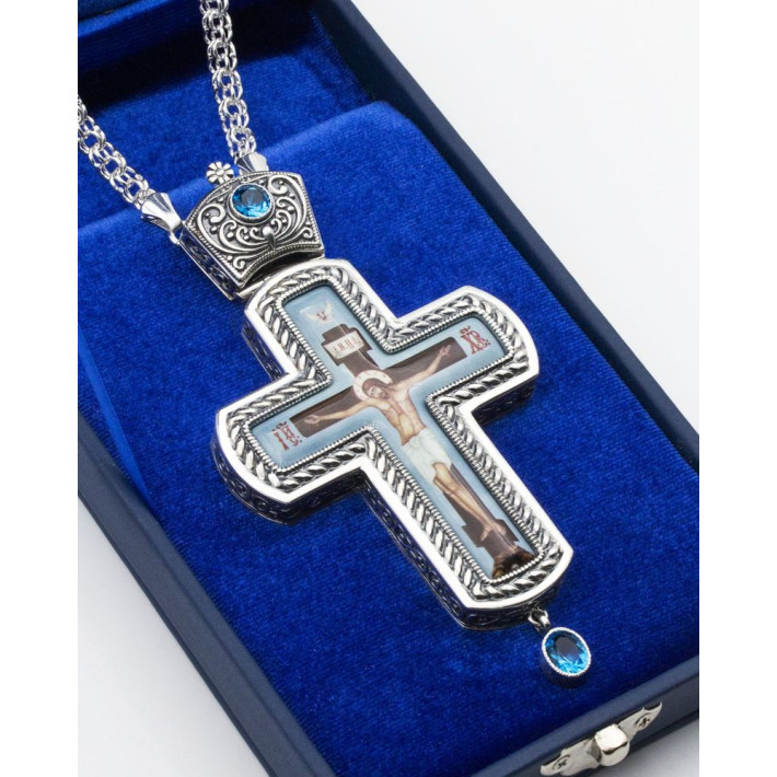 Pectoral cross made of brass with rhodium-plating and chain