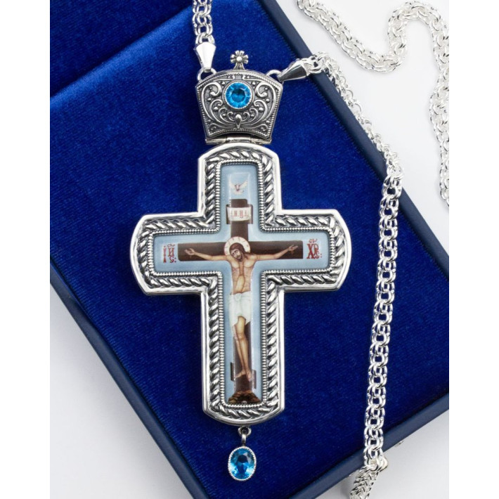 Pectoral cross made of brass with rhodium-plating and chain