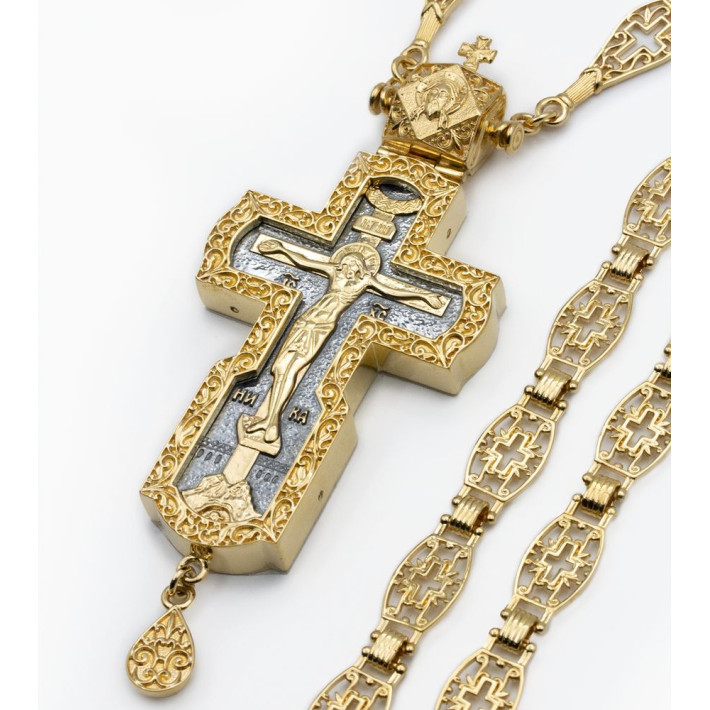 Cross for priest made of brass in gilt with phianites and chain