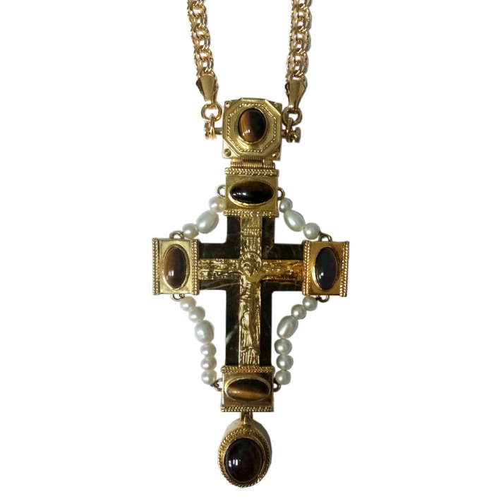 Jewelry alloy pectoral cross in gilt with pearls and chain