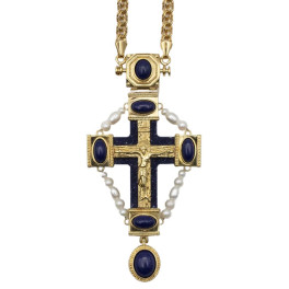 Jewelry alloy pectoral cross in gilt with pearls and chain Jewelry alloy pectoral cross in gilt with pearls and chain