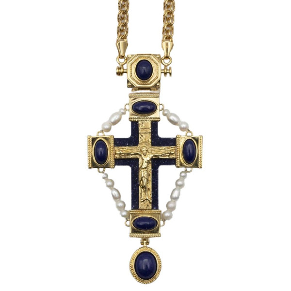 Jewelry alloy pectoral cross in gilt with pearls and chain