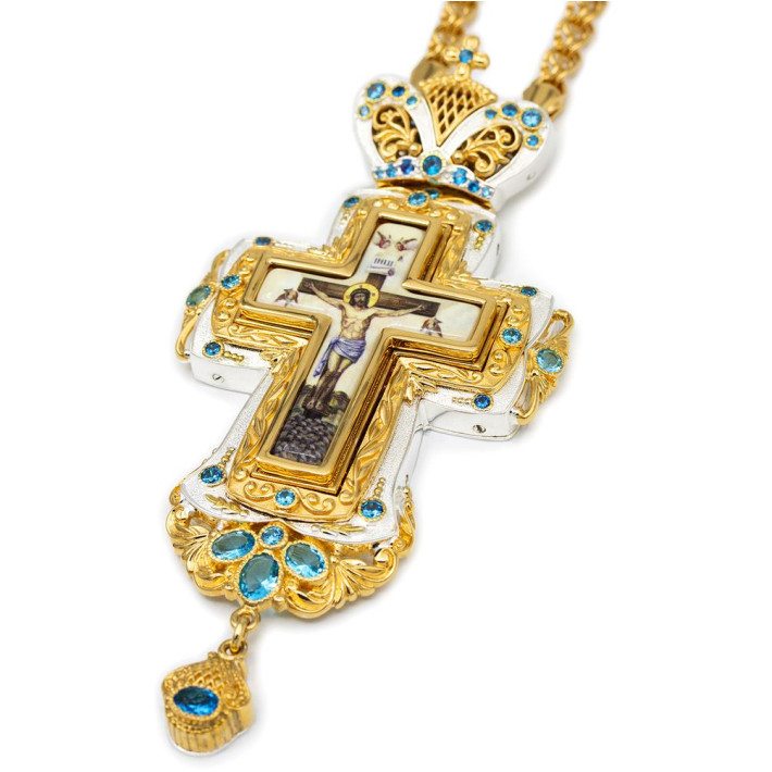 Brass pectoral cross in silver plated with gilding and chain