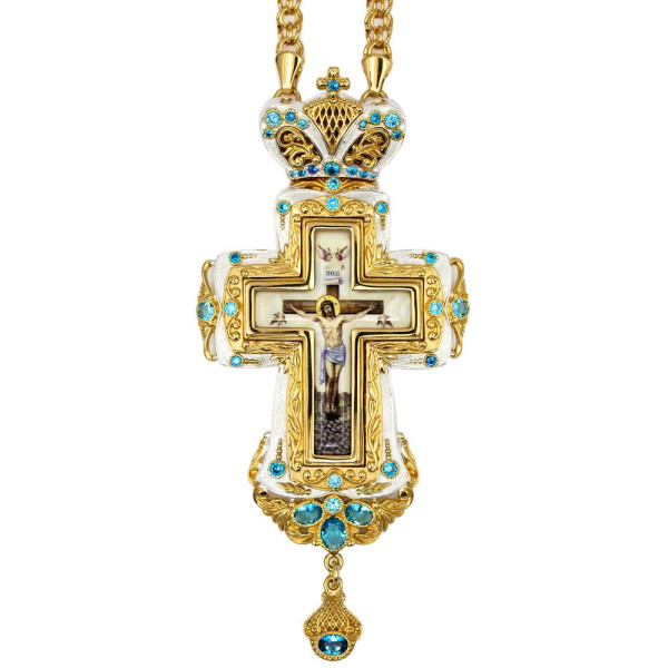 Brass pectoral cross in silver plated with gilding and chain