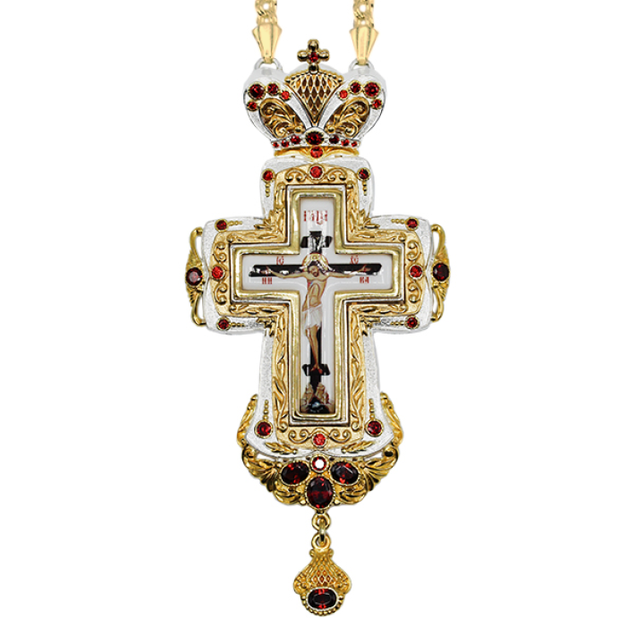 Brass pectoral cross in silver plated with gilding and chain