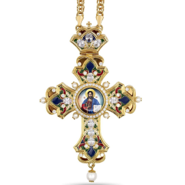 Pectoral cross of brass in gilding with enamel and chain