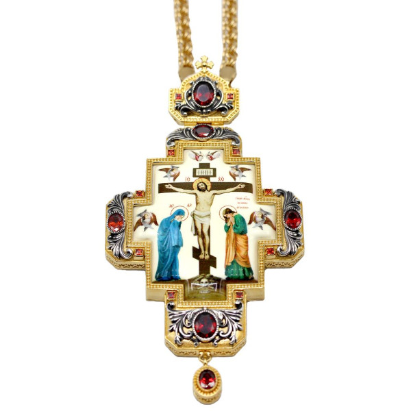 Brass pectoral cross in gilding with print and chain