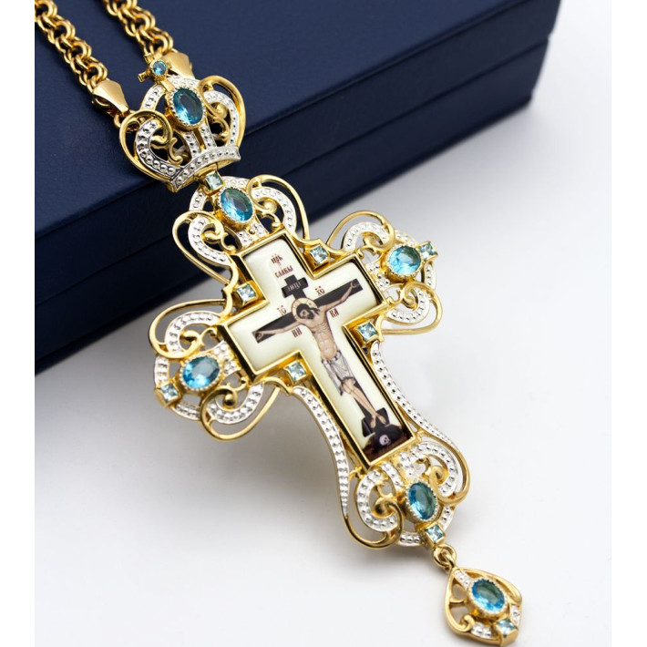 Brass pectoral cross in gilt with silver plating and chain