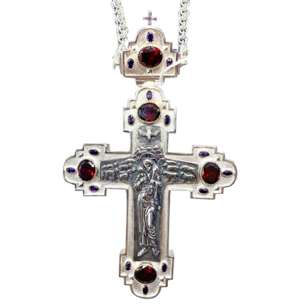 Brass pectoral cross in silver with chain
