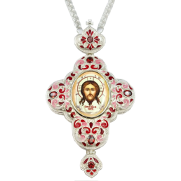 Cross for the priest silver-plated brass pectoral with enamel and chain 