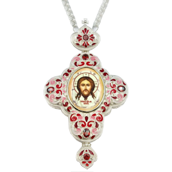 Cross for the priest silver-plated brass pectoral with enamel and chain 