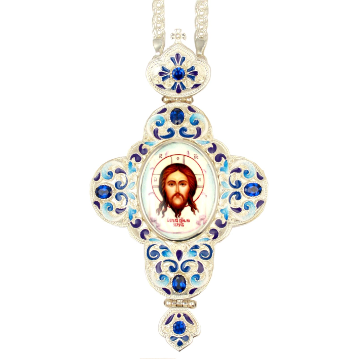 Cross for the priest silver-plated brass pectoral with enamel and chain 