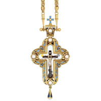Pectoral cross for priests made of brass in gilt with pearls and chain Pectoral cross for priests made of brass in gilt with pearls and chain