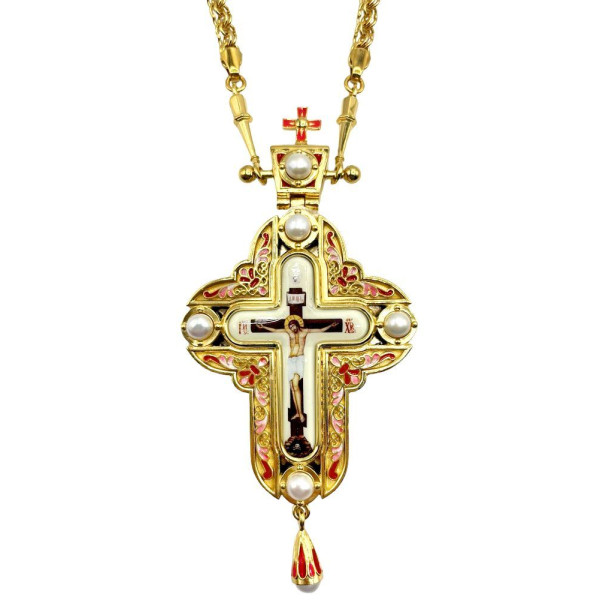 Pectoral cross for priests made of brass in gilt with pearls and chain