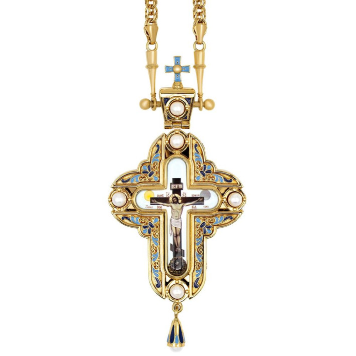 Pectoral cross for priests made of brass in gilt with pearls and chain
