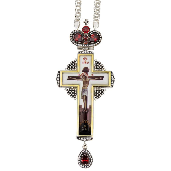 Brass Orthodox cross in silver plated with jewelry of phianites and chain